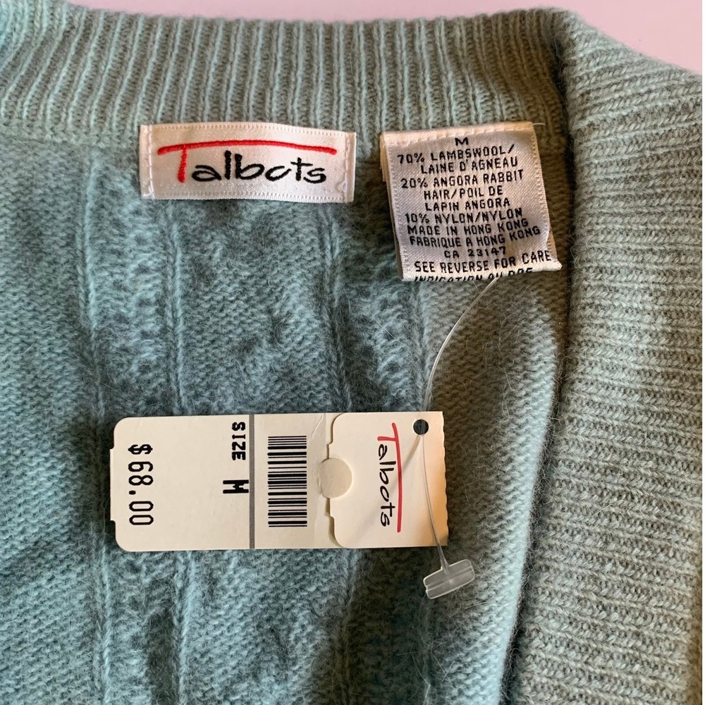 Talbots Lambswool‎ Angora Cardigan Seafoam Green Cable Knit Padded Shoulder - Picture 5 of 7
